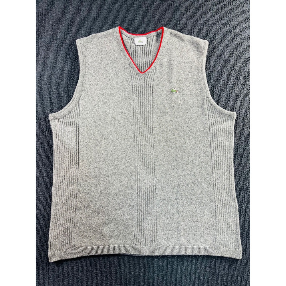 Lacoste‎ Mens V-Neck Sweater Vest Gray Red Trim Made in France Size 6 XL